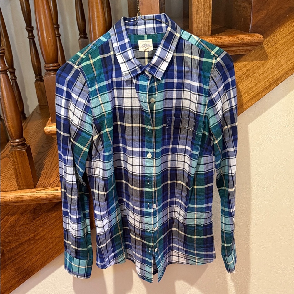 J. Crew Women's Blue and Green Plaid Blouse